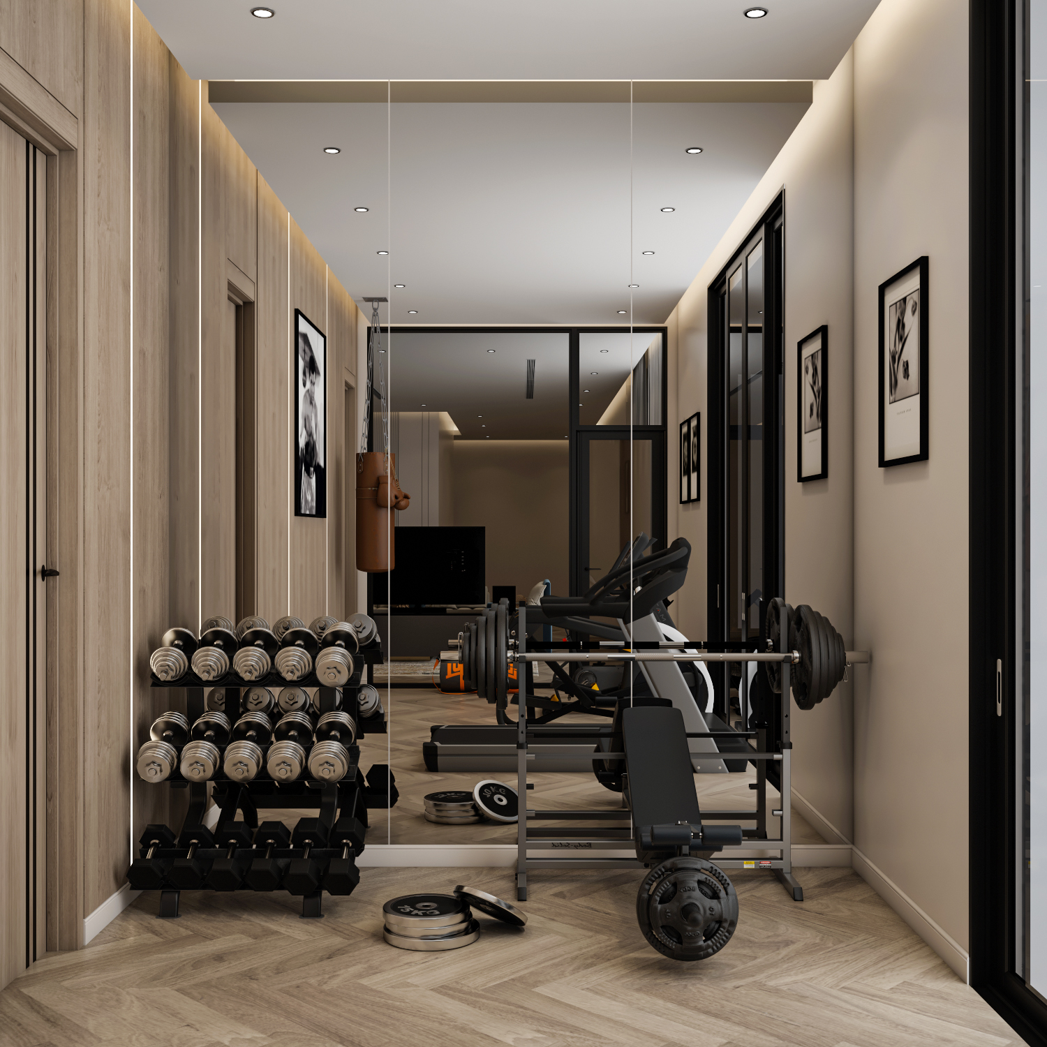 تصميم ركن الأوزان في جيم منزلي مع مرايا ممتدة للأرضية وأرضيات باركيه من إيماج جروب