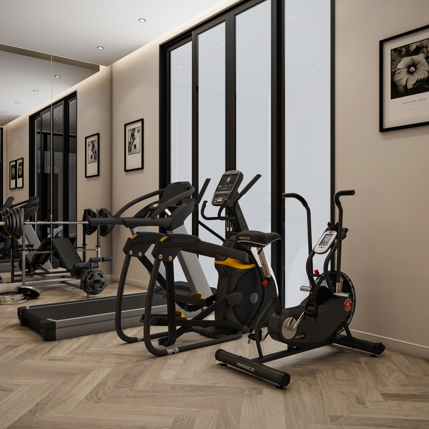 تنسيق أجهزة الكارديو في صالة رياضية منزلية بجوار نوافذ زجاجية كبيرة تنفيذ إيماج جروب