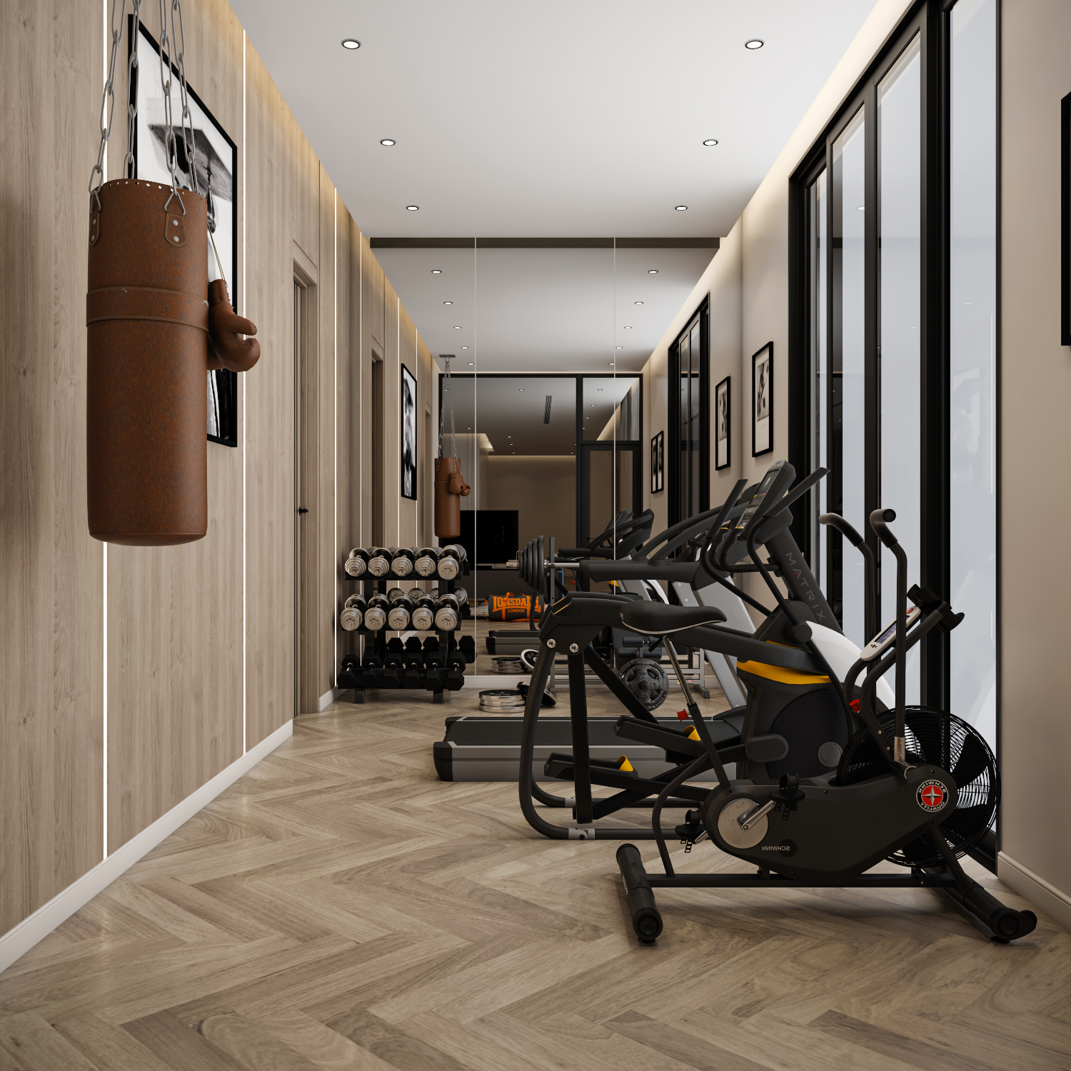 تصميم جدار خشبي مع إضاءة طولية وكيس ملاكمة في جيم منزلي بتوقيع إيماج جروب