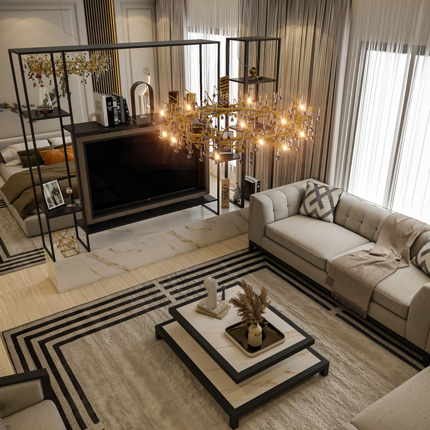 تصميم ليفنج روم مودرن يوضح الفاصل الديكوري بين المعيشة والنوم من تنفيذ إيماج جروب