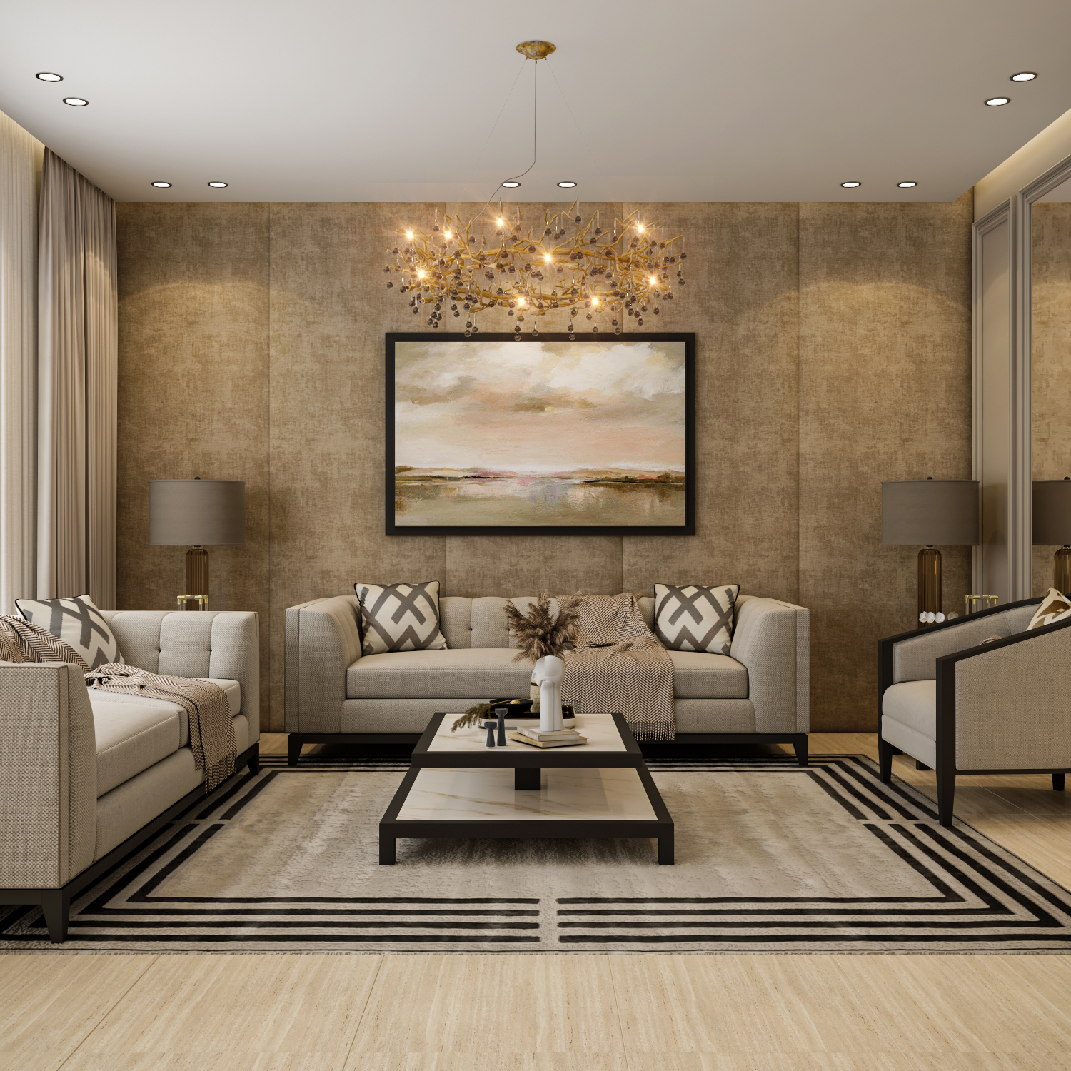 ديكور غرفة معيشة فخمة بجدران قماشية ولوحة فنية مودرن مع نجفة ذهبية من إيماج جروب