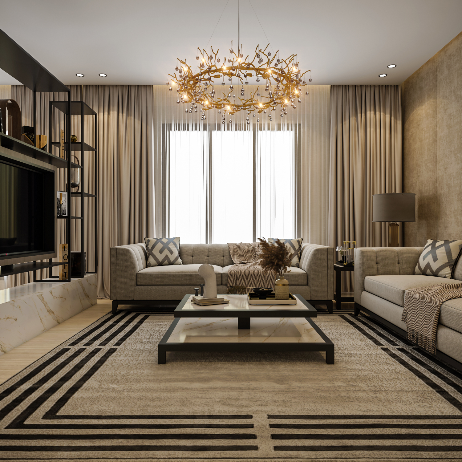 إطلالة كاملة لغرفة معيشة بأسلوب الرفاهية الهادئة وسجاد هندسي من تصميم إيماج جروب