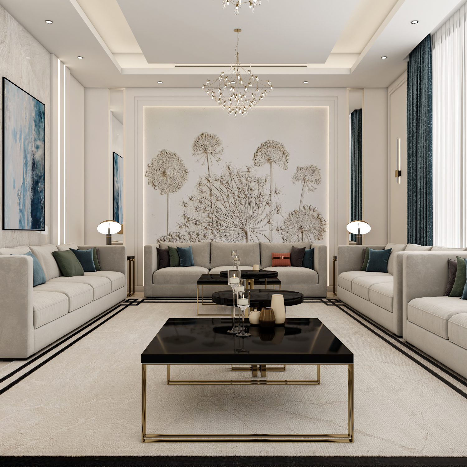 تصميم مجلس رجال مودرن يبرز التماثل الهندسي وتوزيع الإضاءة الذكية من تنفيذ إيماج جروب