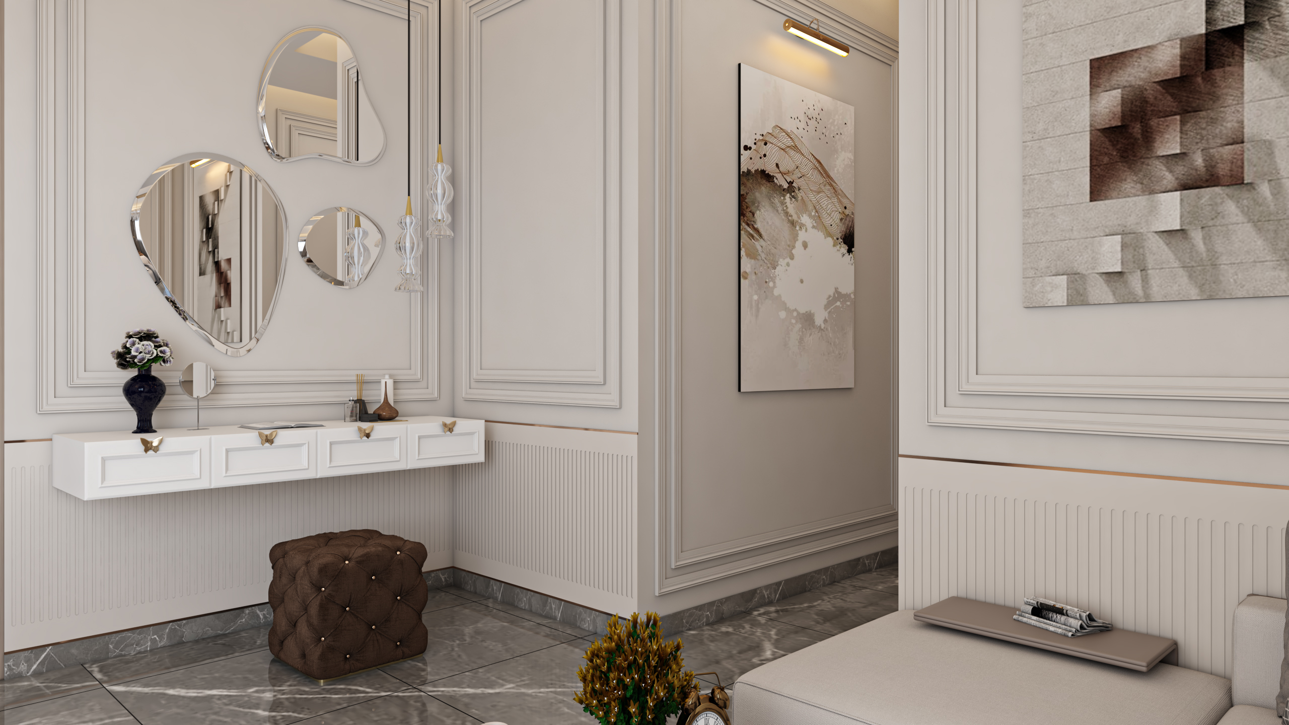 سرير مزدوج بتصميم عصري وألوان محايدة مع إضاءة متدلية وتنسيق جداري من إيماج جروب