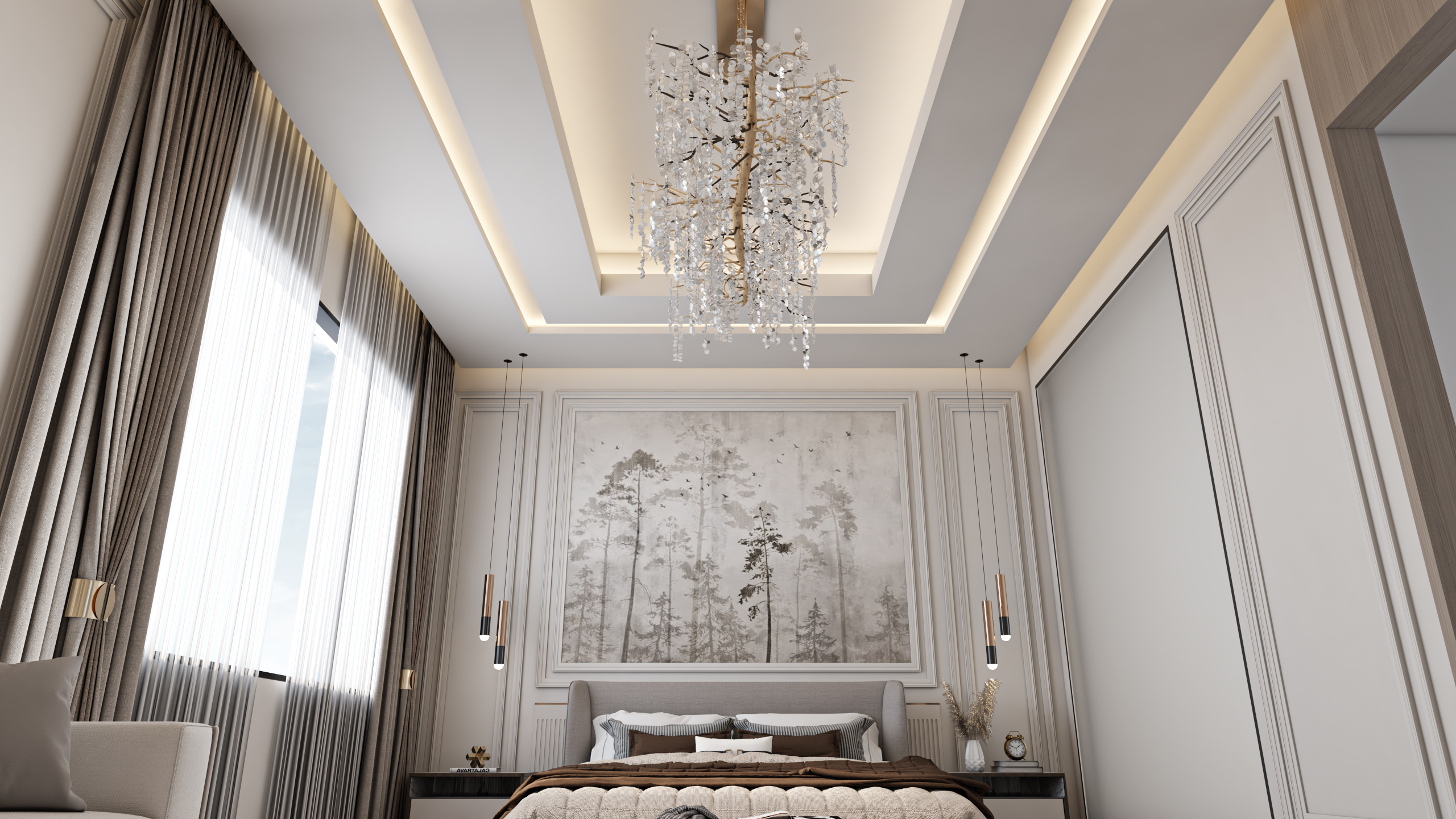 ركن جلوس داخلي (L-shape) في غرفة نوم ماستر بلمسات رخامية وفنية من إيماج جروب