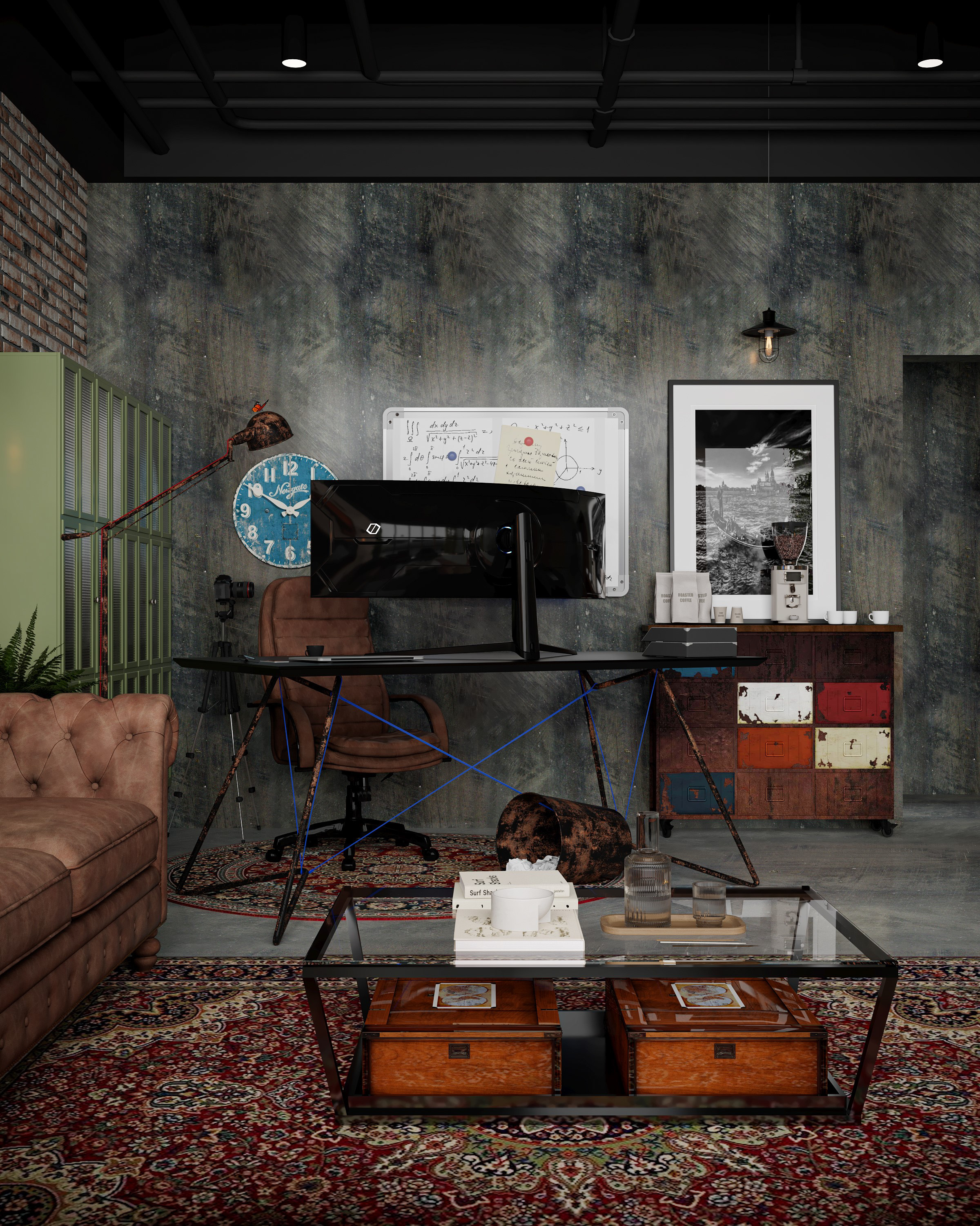 تصميم مكتب عمل بنمط صناعي مع جدران طوب أحمر وأريكة جلدية فاخرة تنفيذ إيماج جروب