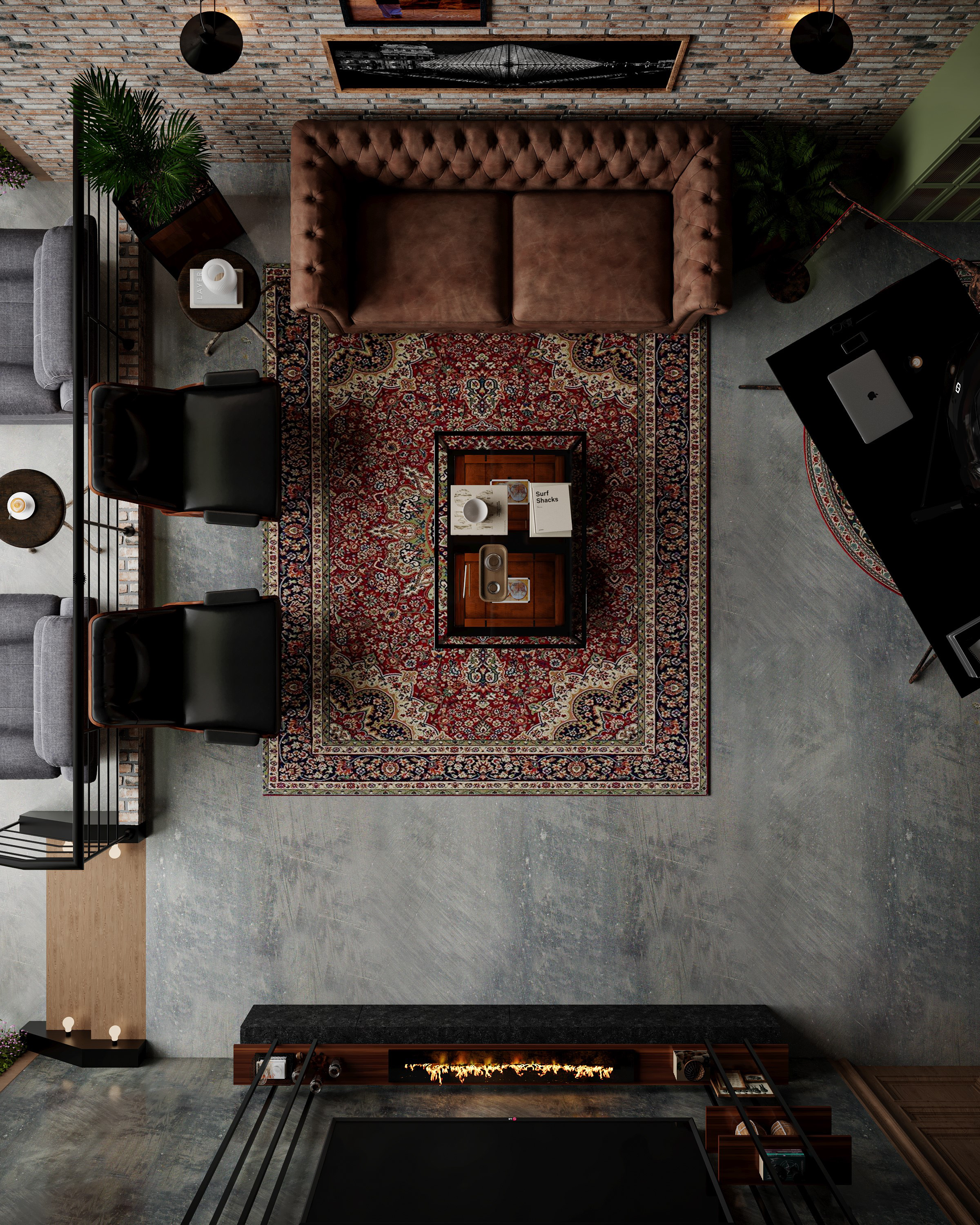 مشهد علوي لتصميم مكتب عصري يجمع بين الأرضيات الخرسانية والسجاد الكلاسيكي إيماج جروب