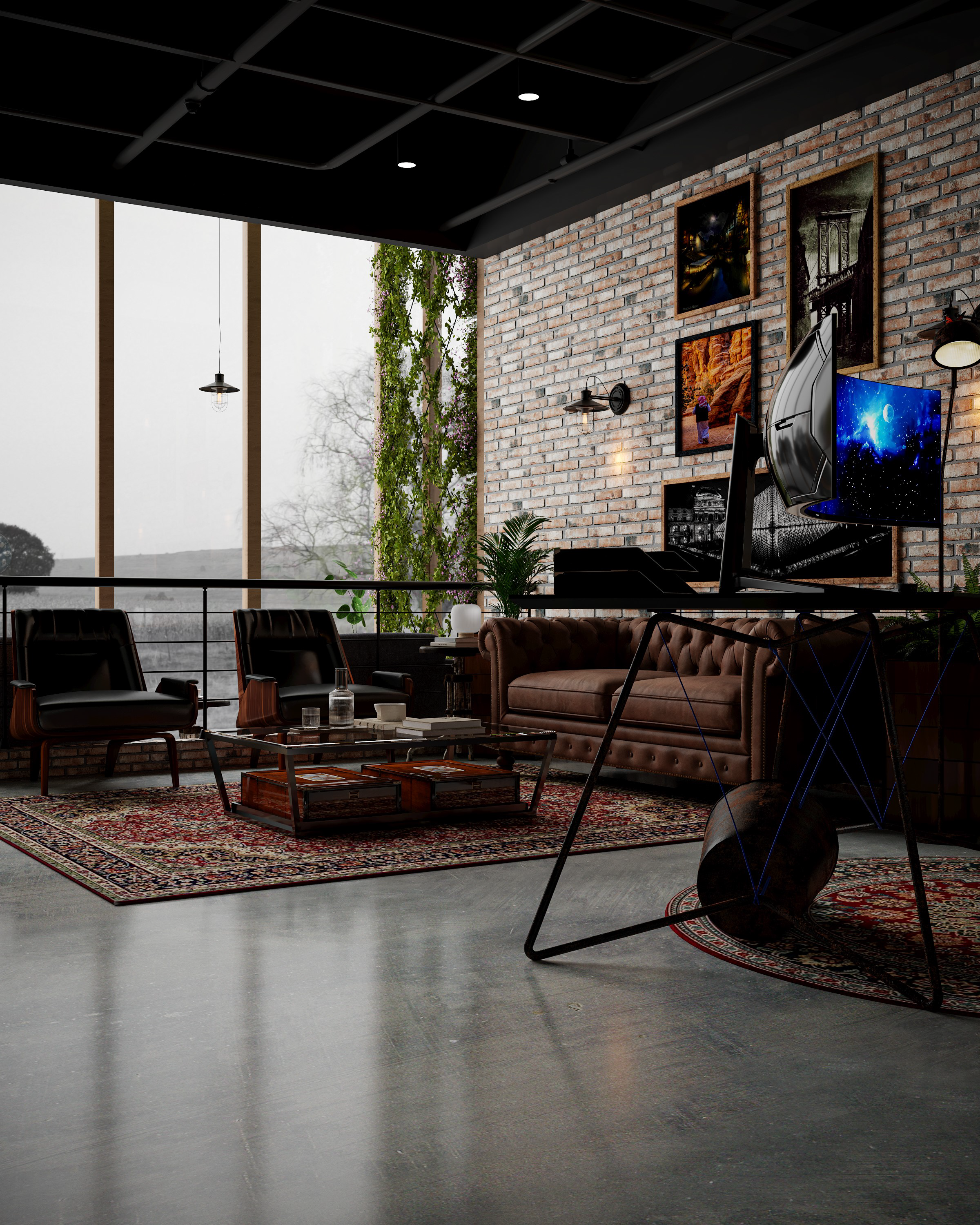 زاوية مكتب منزلي إبداعي بلمسات صناعية وخزانة معدنية ملونة تصميم إيماج جروب