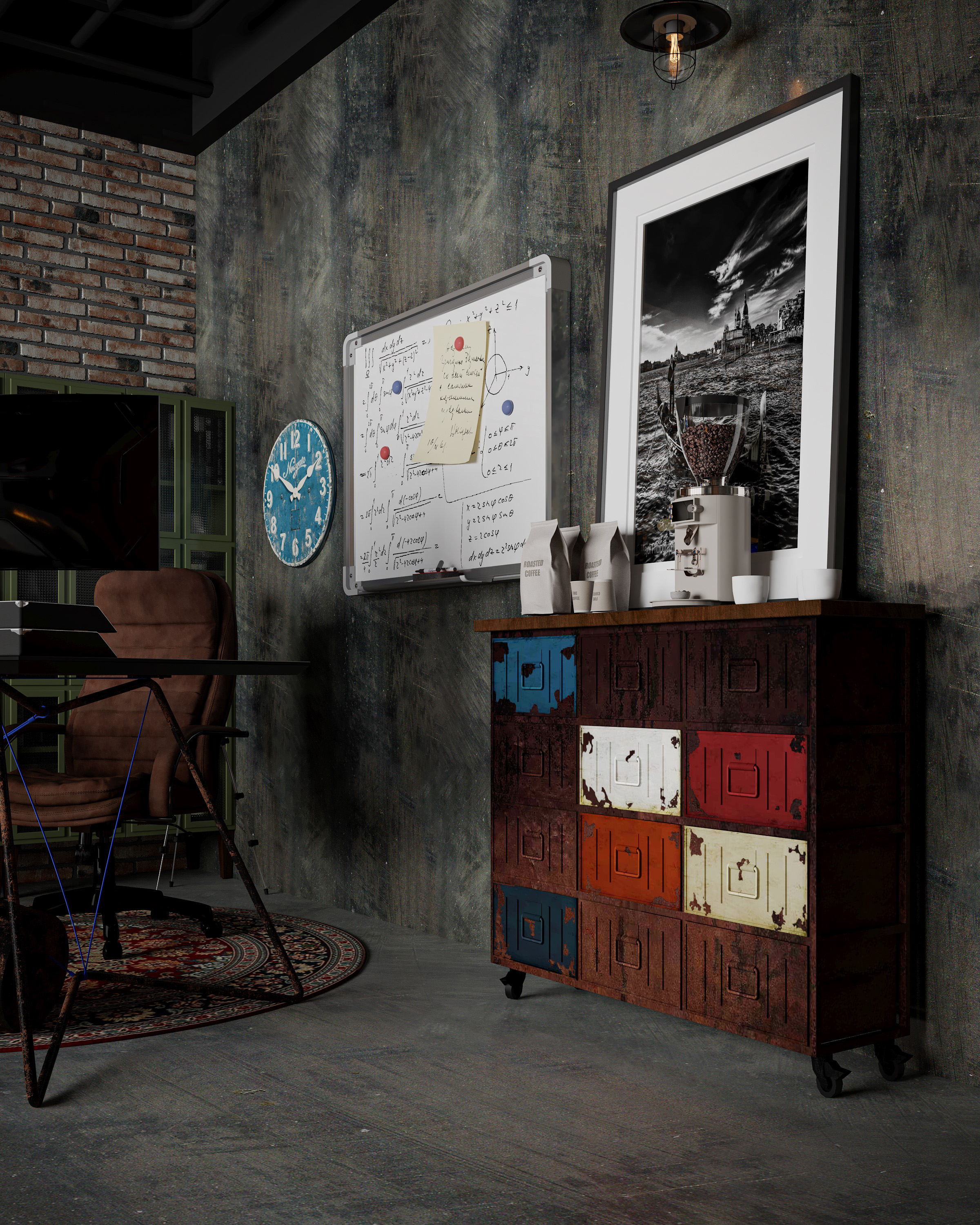 تفاصيل ديكور مكتب عملي مع خزانة ملونة ونباتات طبيعية تصميم إيماج جروب