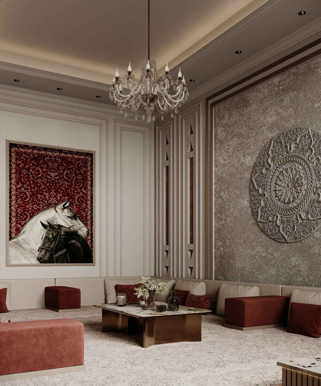 تصميم مجلس رجال فخم يجمع بين الرخام الطبيعي والإضاءة الخطية الحديثة تنفيذ إيماج جروب