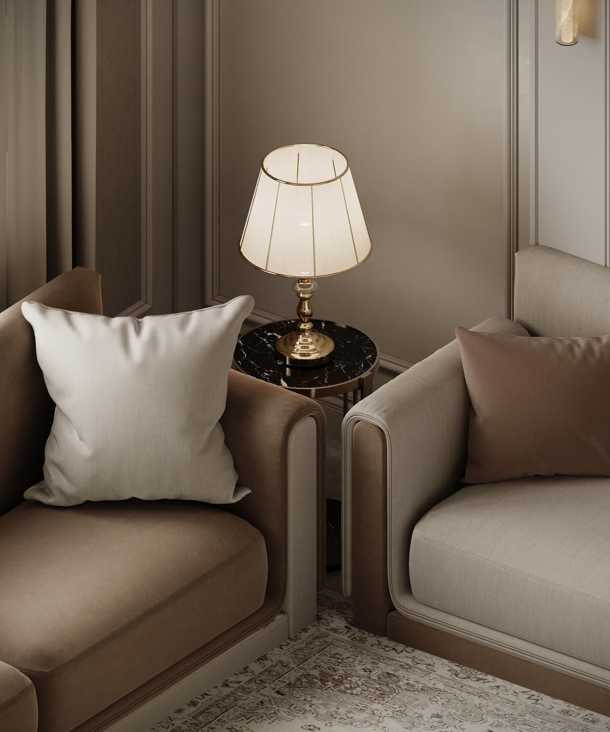 تصميم مجلس نسائي بألوان هادئة وتفاصيل ذهبية تعكس رقة الأناقة تنفيذ إيماج جروب