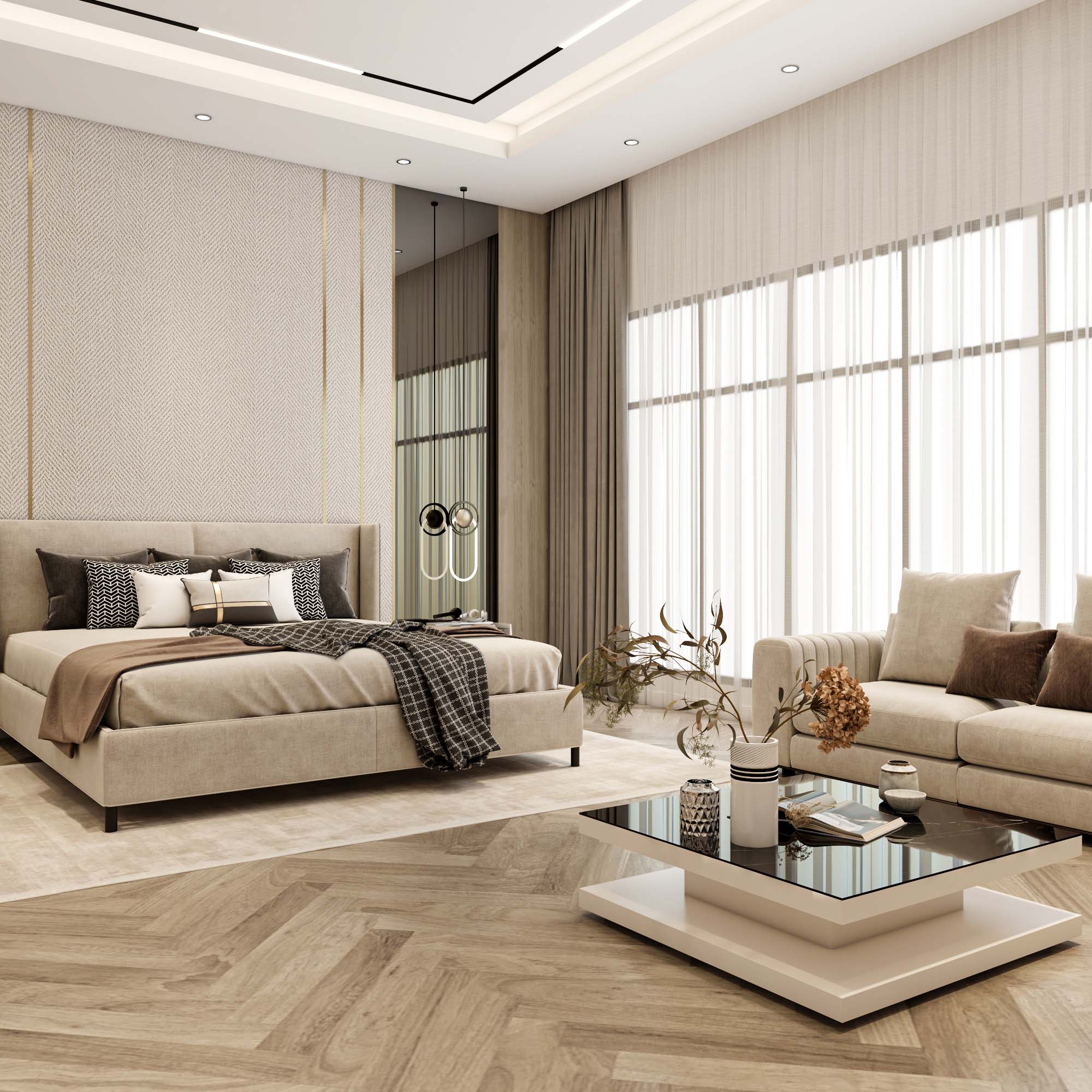 تفاصيل الإضاءة والبانوهات الجدارية في غرف النوم الفاخرة - Emaj Group