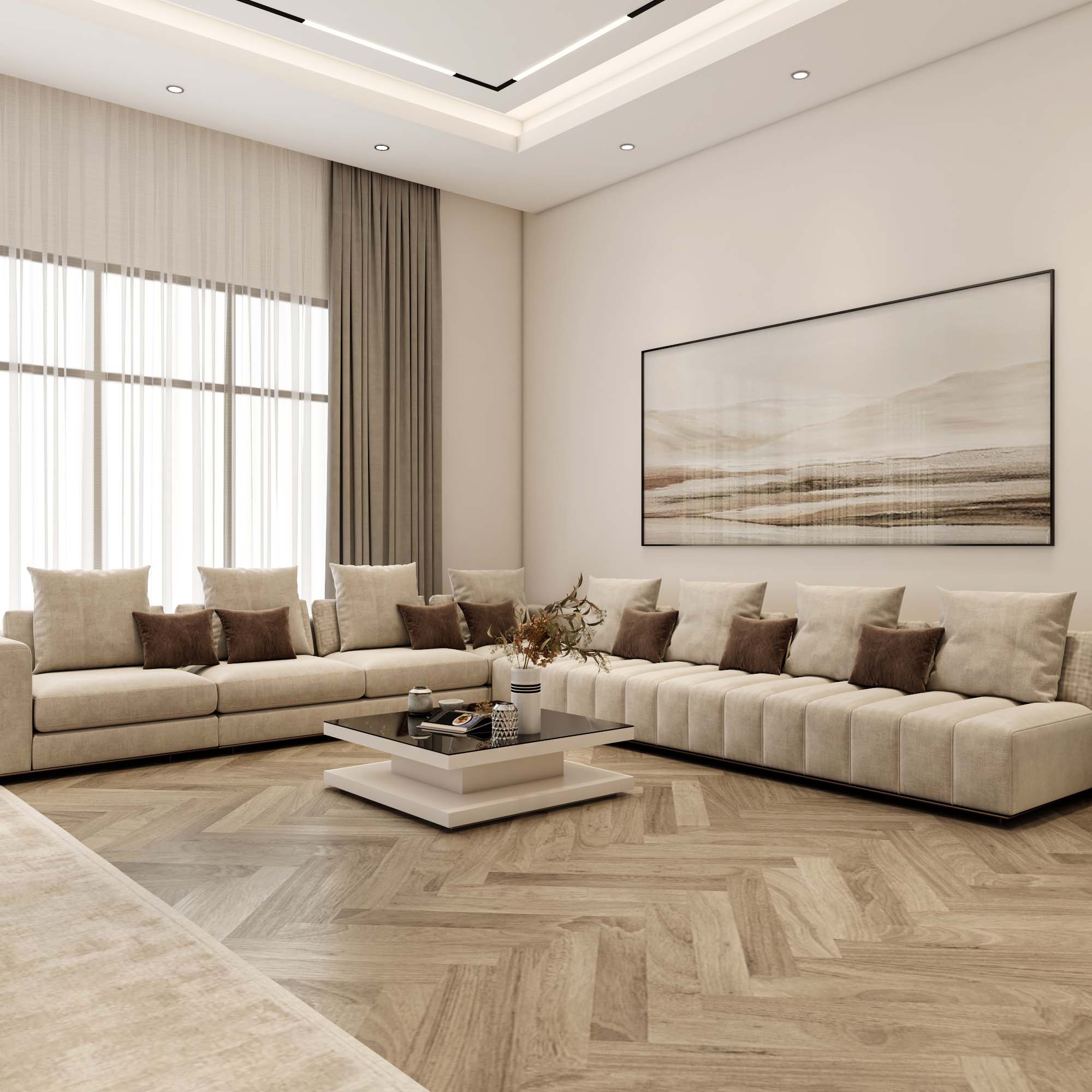 غرفة معيشة واسعة بألوان نيود وأثاث فاخر من تنفيذ إيماج جروب