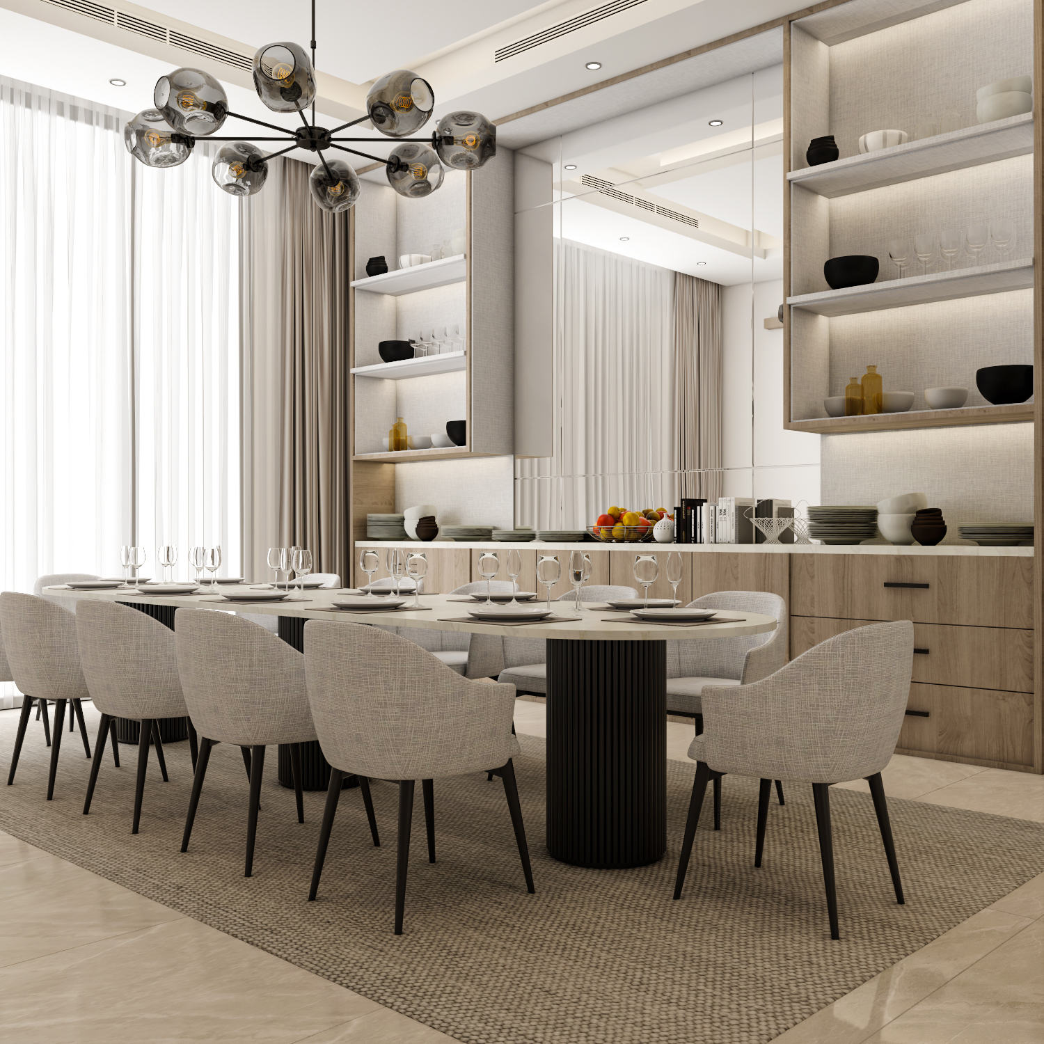 تصميم غرفة طعام مودرن مع بوفيه خشبي ومرايا جدارية فاخرة - تنفيذ إيماج جروب السعودية