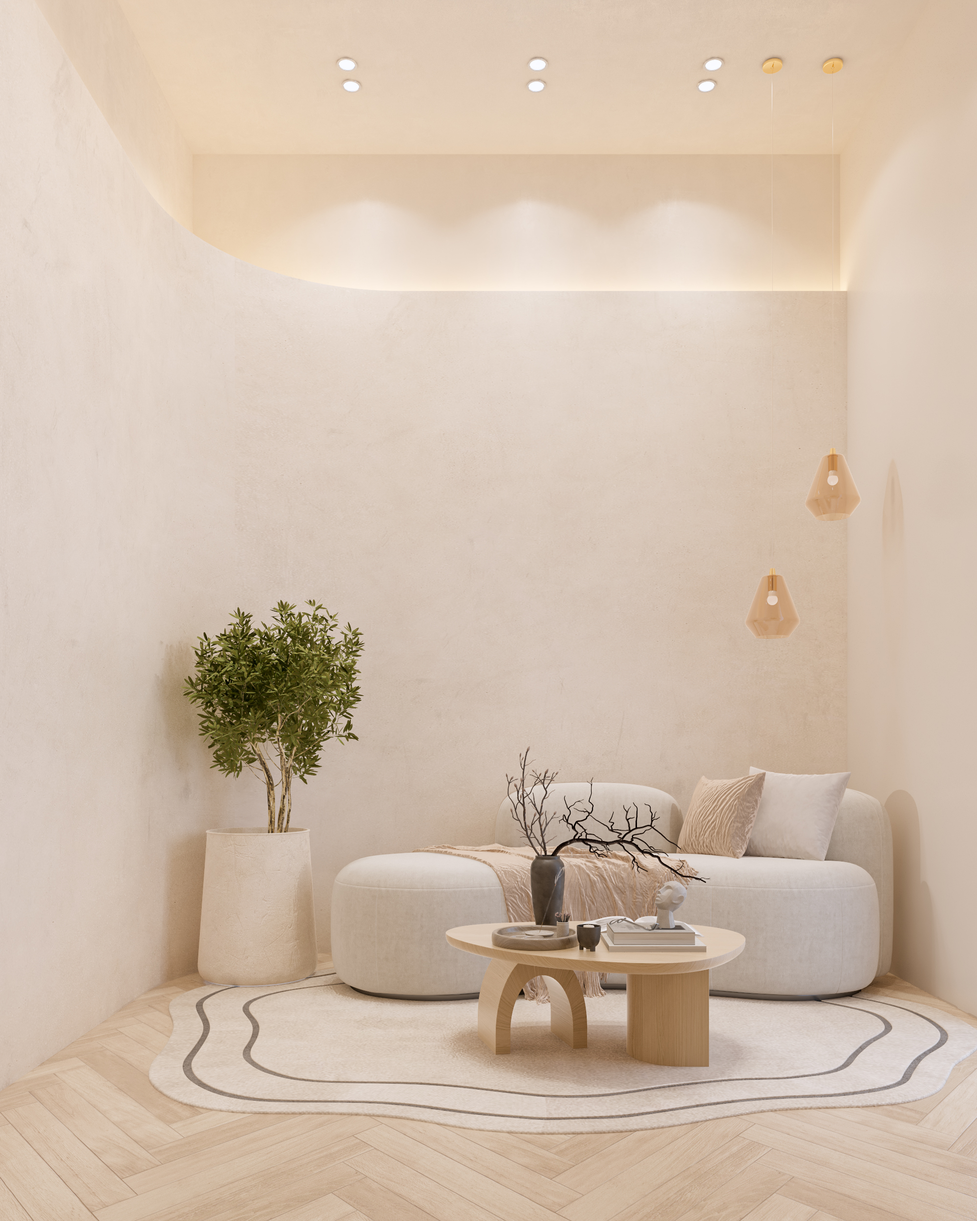 تصميم منطقة استقبال صالون تجميل بألوان نيوترال وأثاث مودرن منحني - تنفيذ إيماج جروب