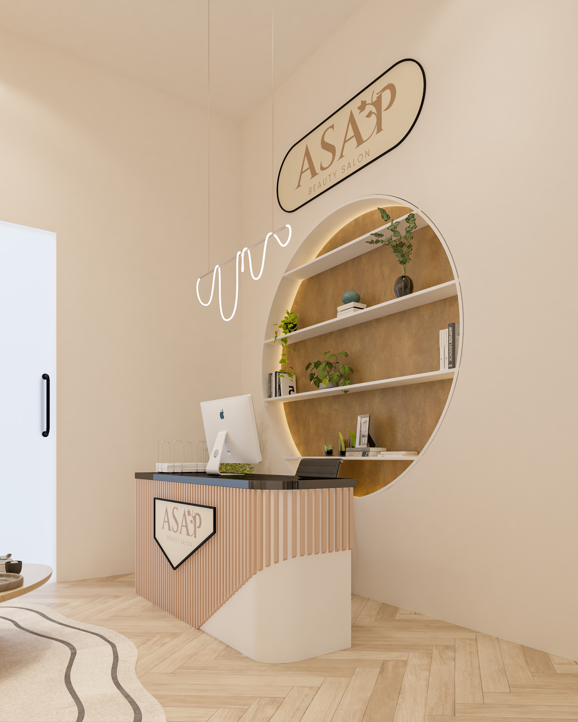 مكتب استقبال صالون تجميل بتصميم خشبي مضلع وإضاءة دائرية خلفية - إيماج جروب للتصميم الداخلي