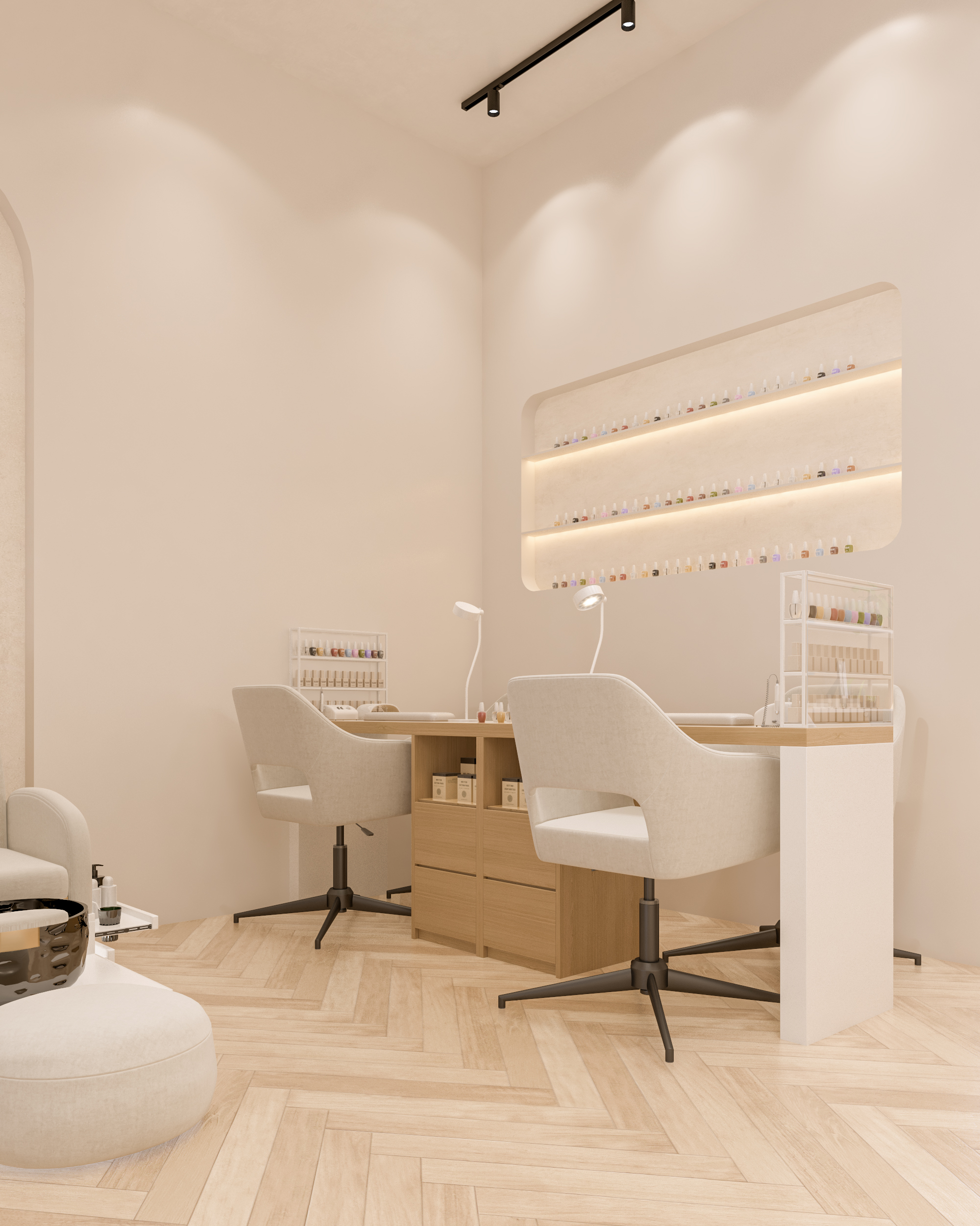 تصميم طاولة العناية بالأظافر (مانيكير) مع إضاءة احترافية ورفوف عرض - إيماج جروب
