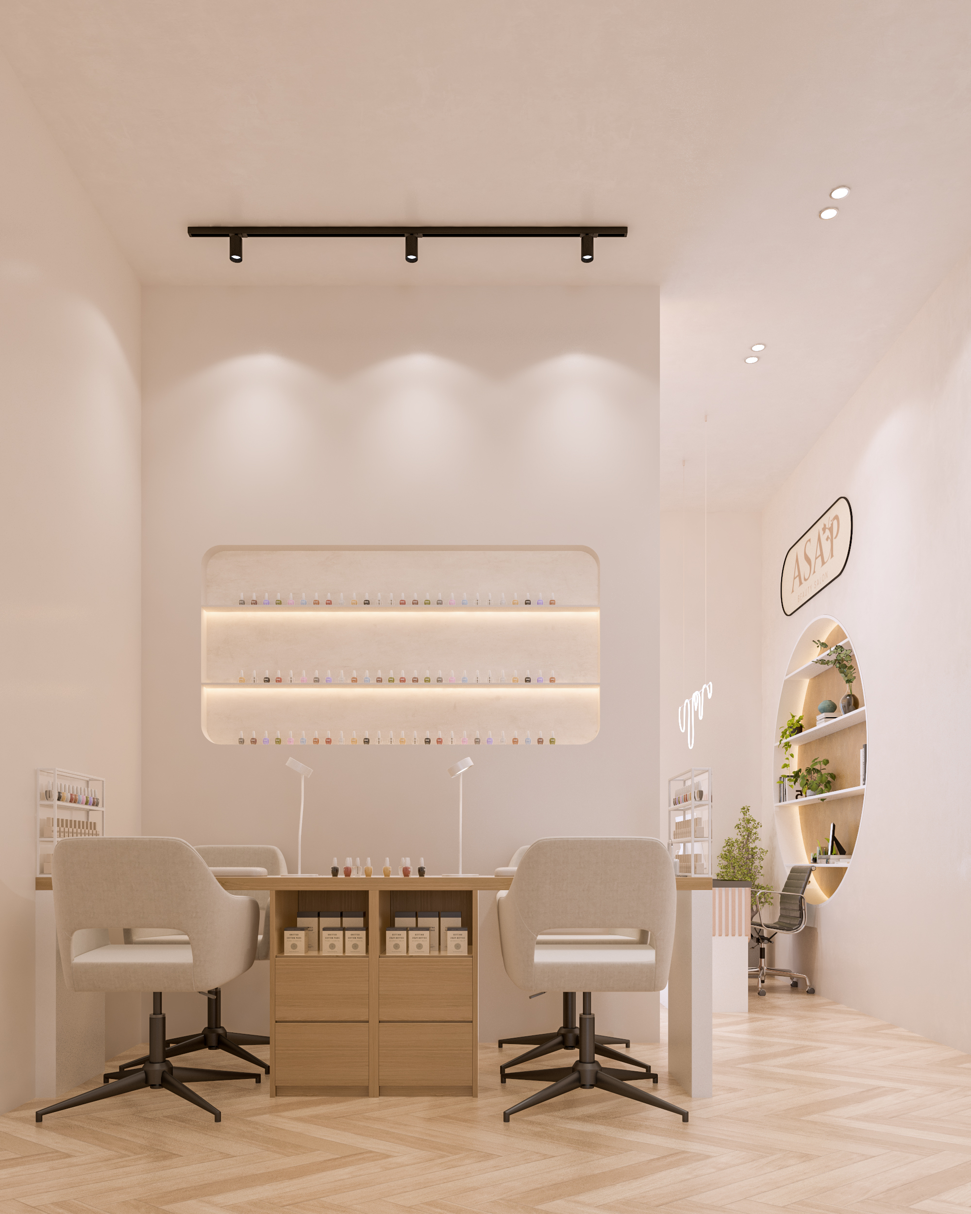 تصميم جدران صالون تجميل بفتحات جدارية وإضاءة مخفية لعرض المنتجات - تنفيذ إيماج جروب