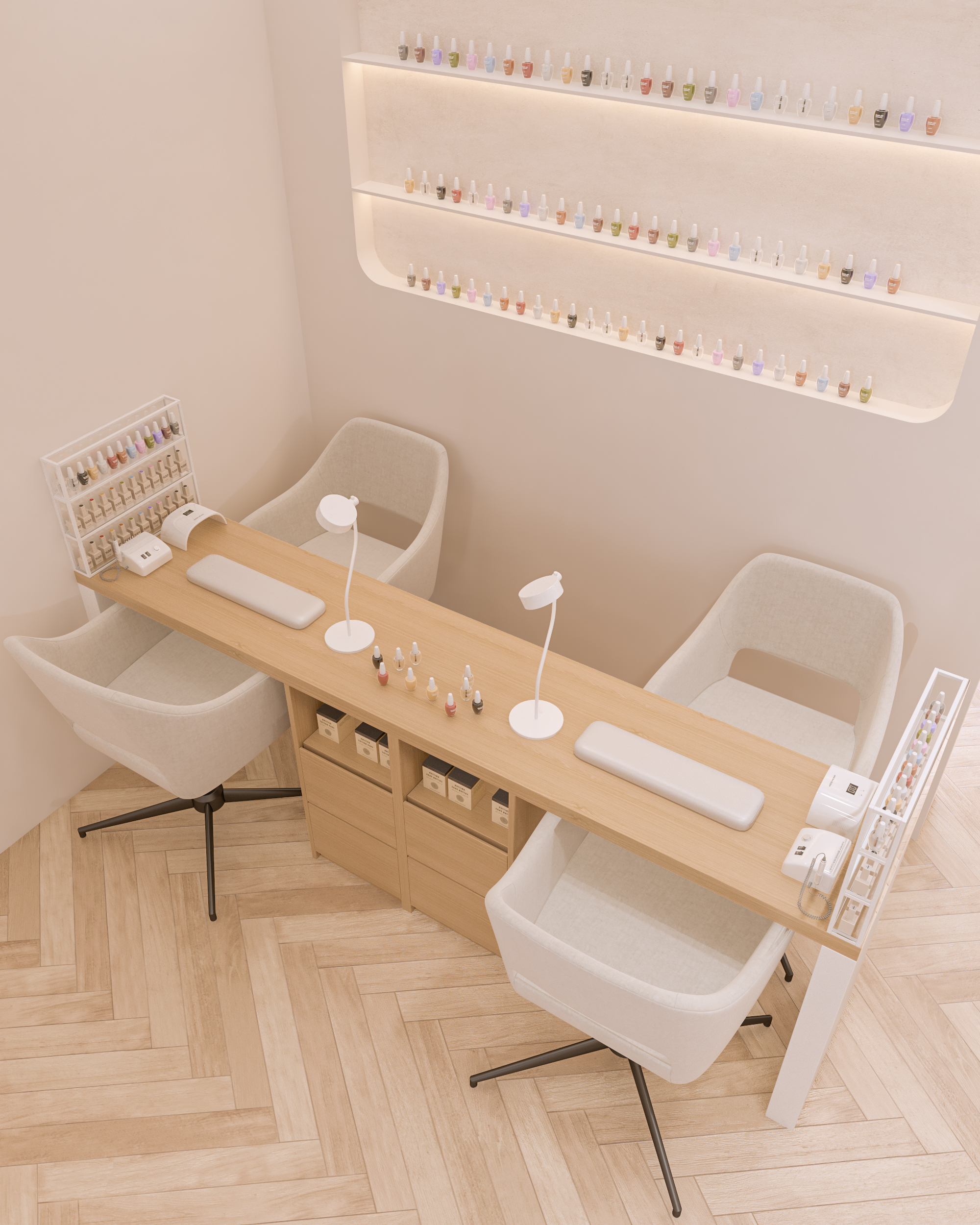 تنظيم محطات العمل في مراكز التجميل مع كراسي مريحة وإضاءة مركزة - إيماج جروب