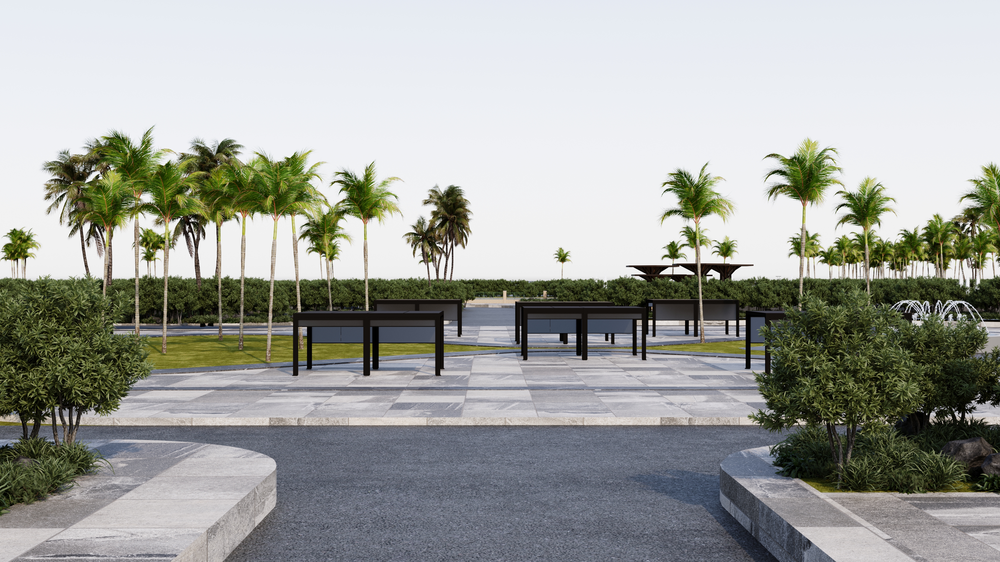 تنسيق الحدائق الخارجية في جامعة PMU ومناطق جلوس مظللة بتصاميم هندسية حديثة