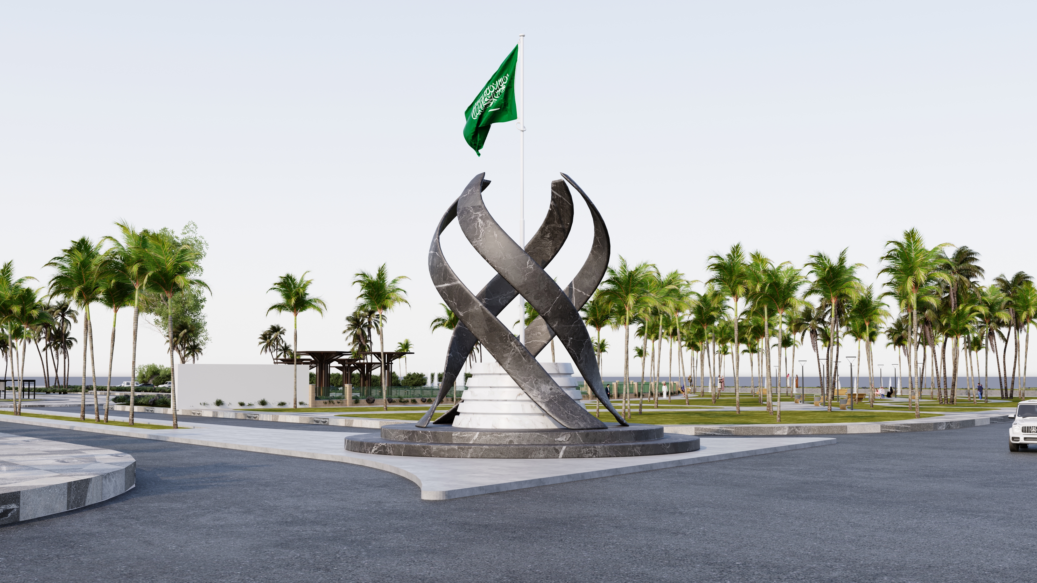 تصميم لاندسكيب مودرن لساحات جامعة الأمير محمد بن فهد مع ممرات رخامية وأشجار نخيل