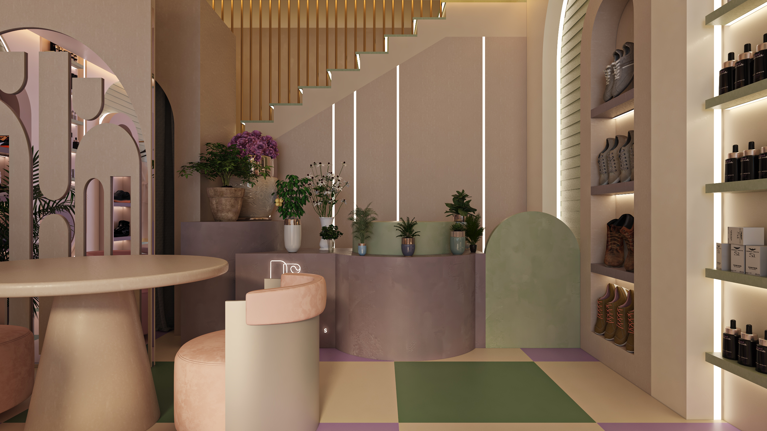 منطقة الاستقبال وكاونتر المحل بخلفية نيون دائرية وتنسيق زهور طبيعية