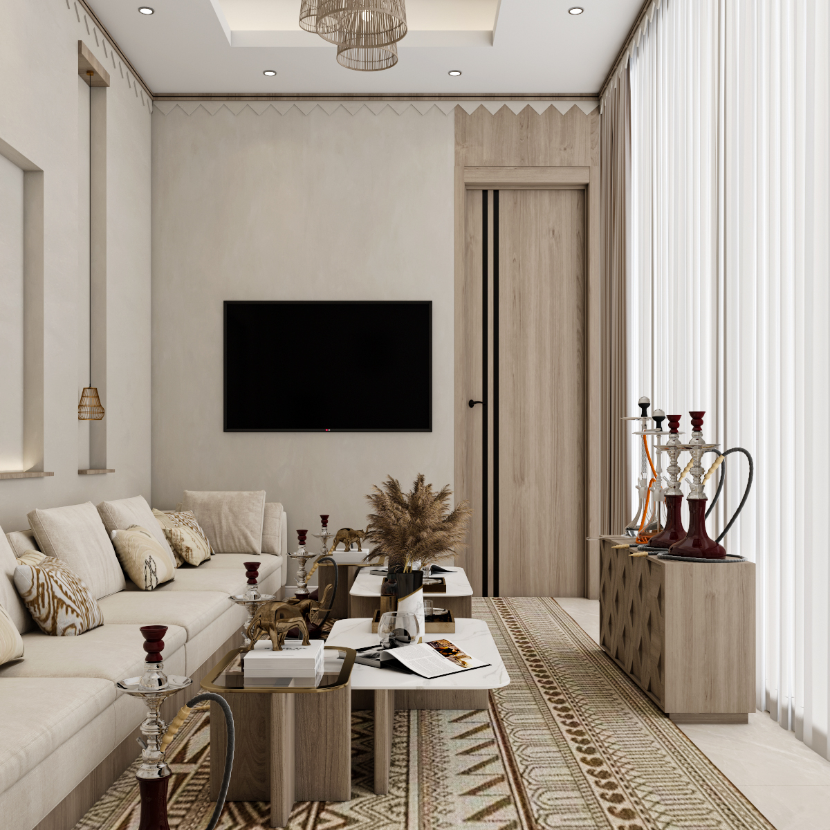 تصميم ديوانية مودرن من إيماج جروب تجمع بين الألوان الترابية والسجاد التراثي المطور