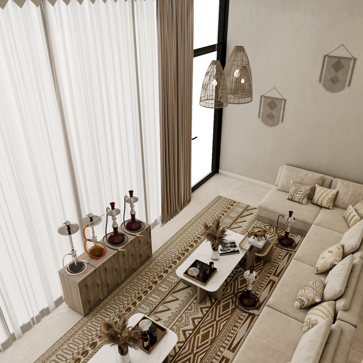 جلسة عربية متصلة بتصميم مينيمال وألوان بيج مع طاولات رخامية وتنسيق ركن الشيشة