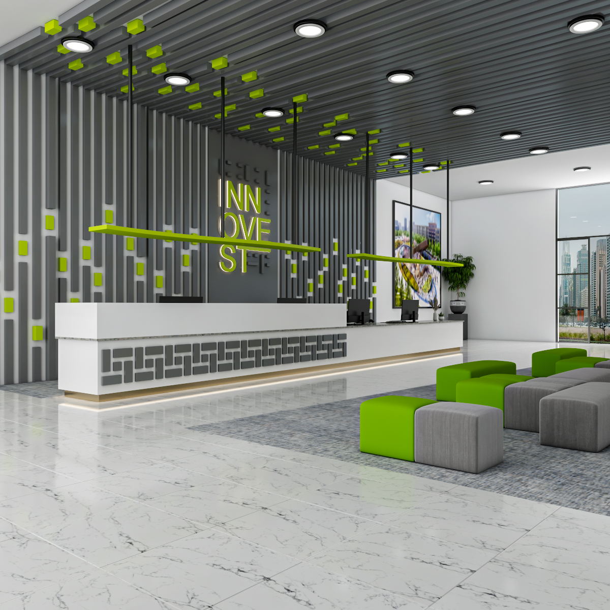 تصميم مودرن لمركز مبيعات عقارية مع إضاءة خافتة