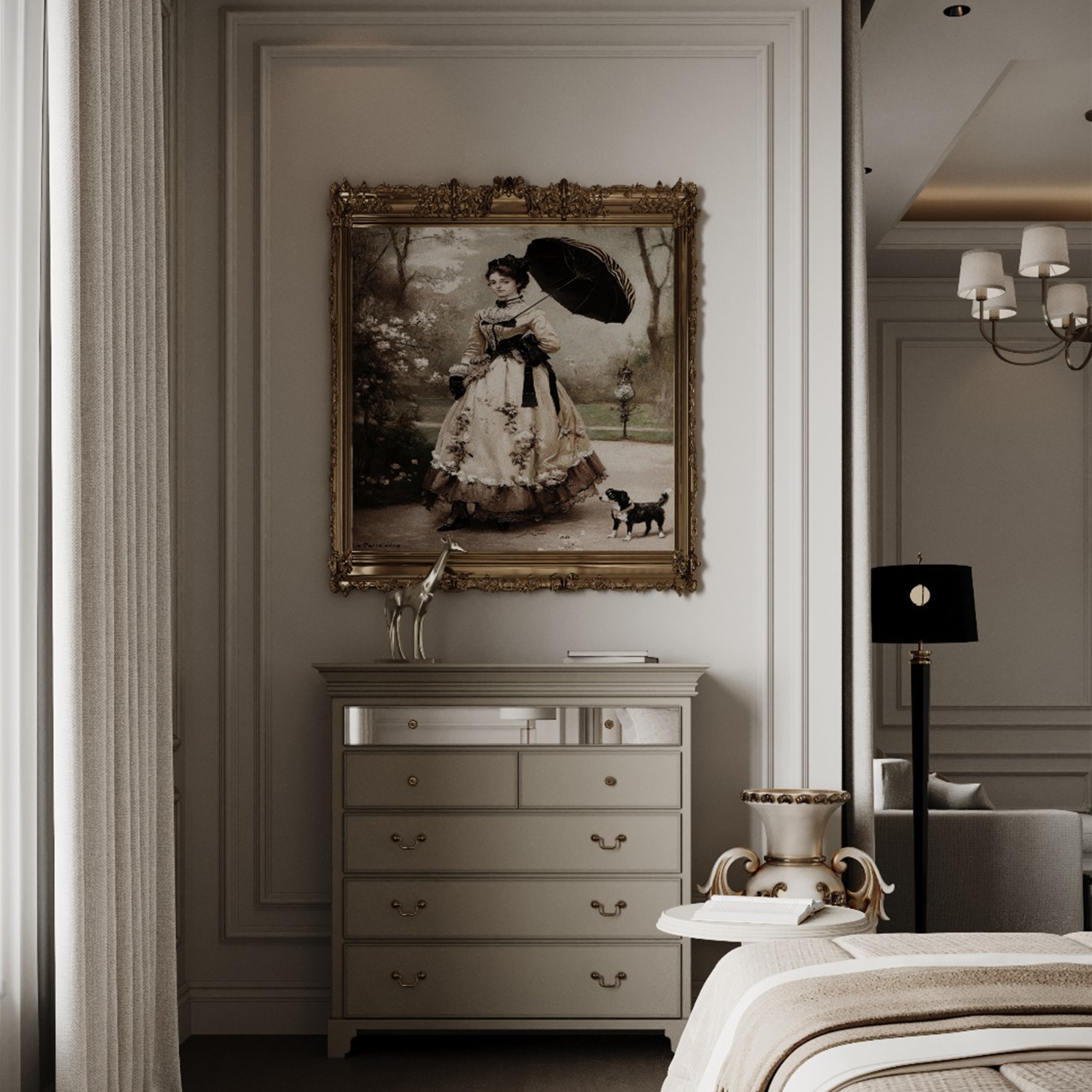 لوحة فنية بإطار ذهبي كلاسيكي مدمجة في تصميم داخلي عصري