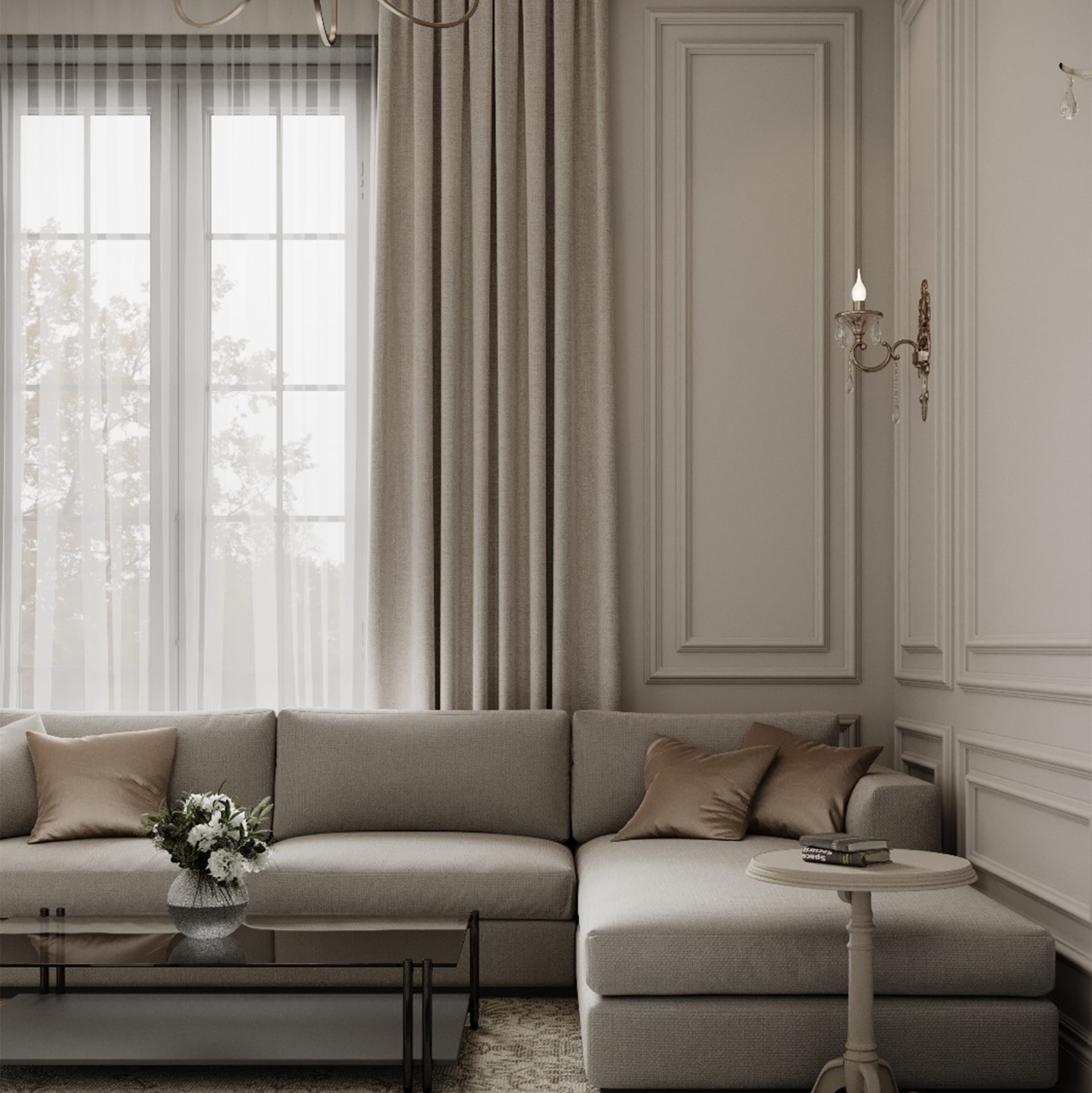 غرفة معيشة واسعة بألوان نيود وأثاث فاخر من تنفيذ إيماج جروب