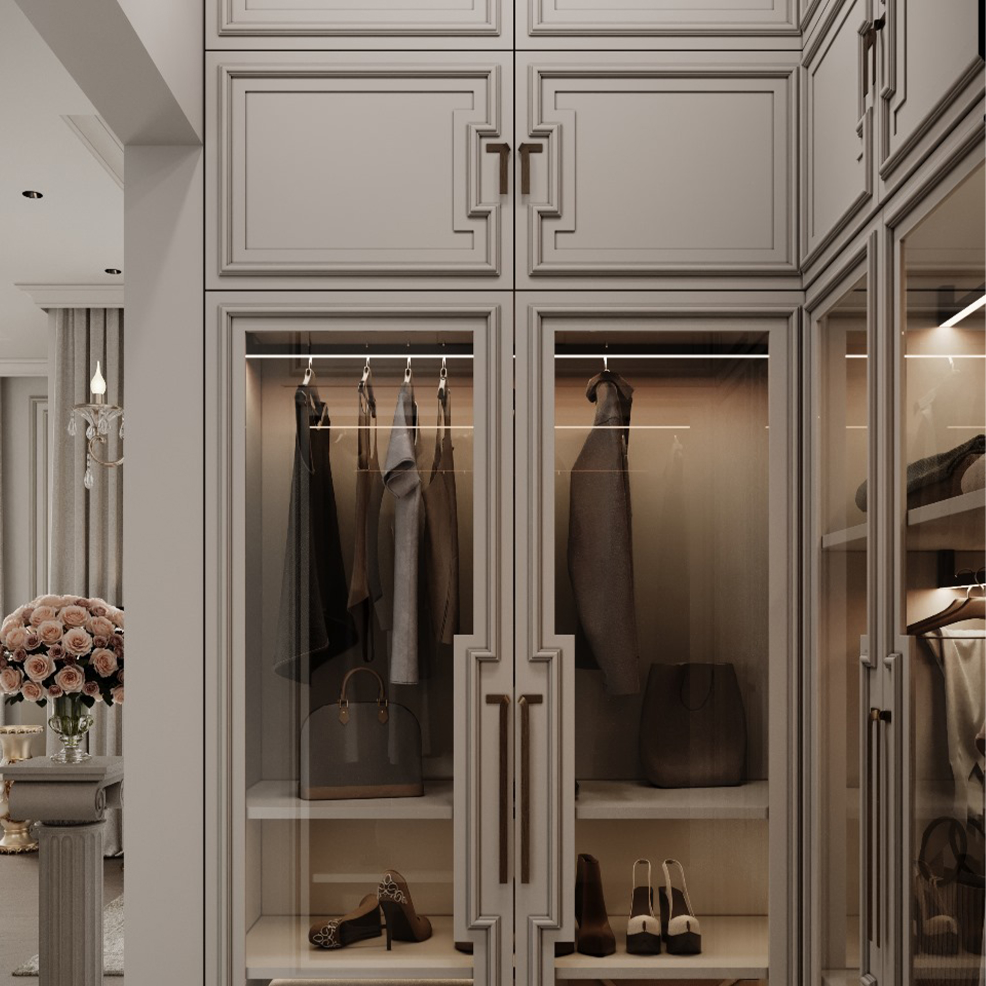 تصميم خزانة ملابس مودرن مع واجهات زجاجية وإضاءة داخلية ذكية