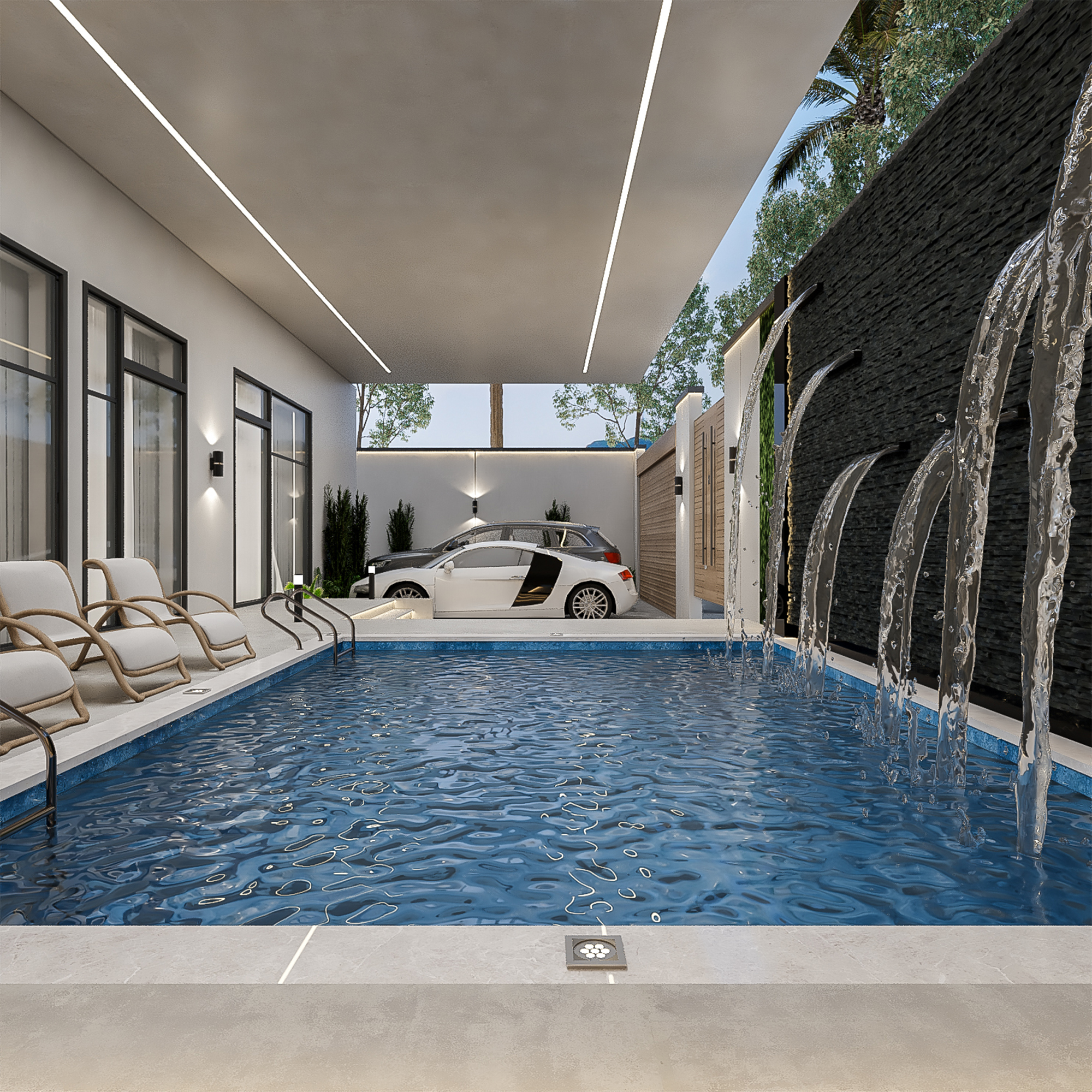 تصميم مسبح مودرن مع شلال جداري حجري وكراسي استرخاء بتنفيذ إيماج جروب