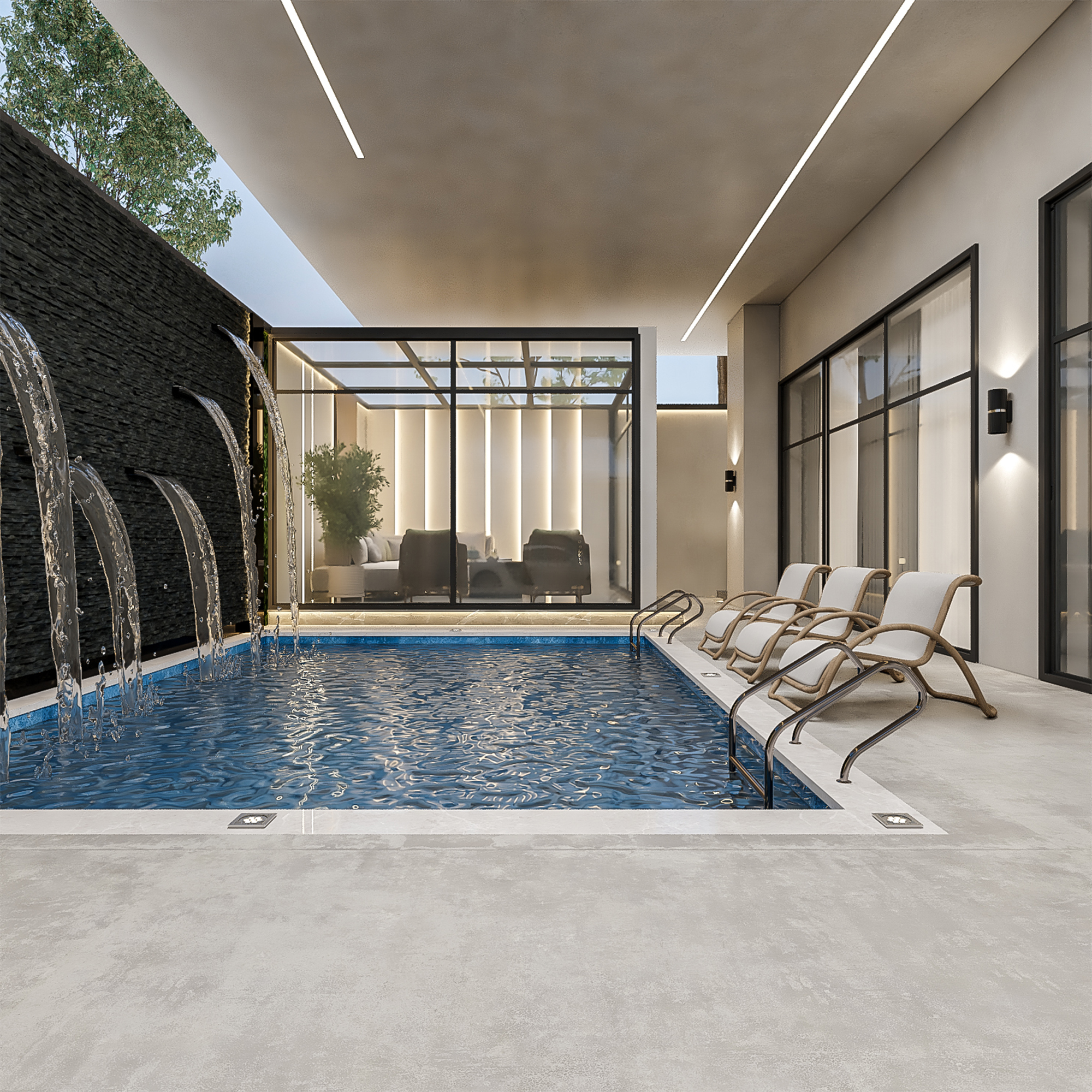 جلسة خارجية فاخرة بجوار المسبح مع إضاءة سقف خطية من تصميم إيماج جروب