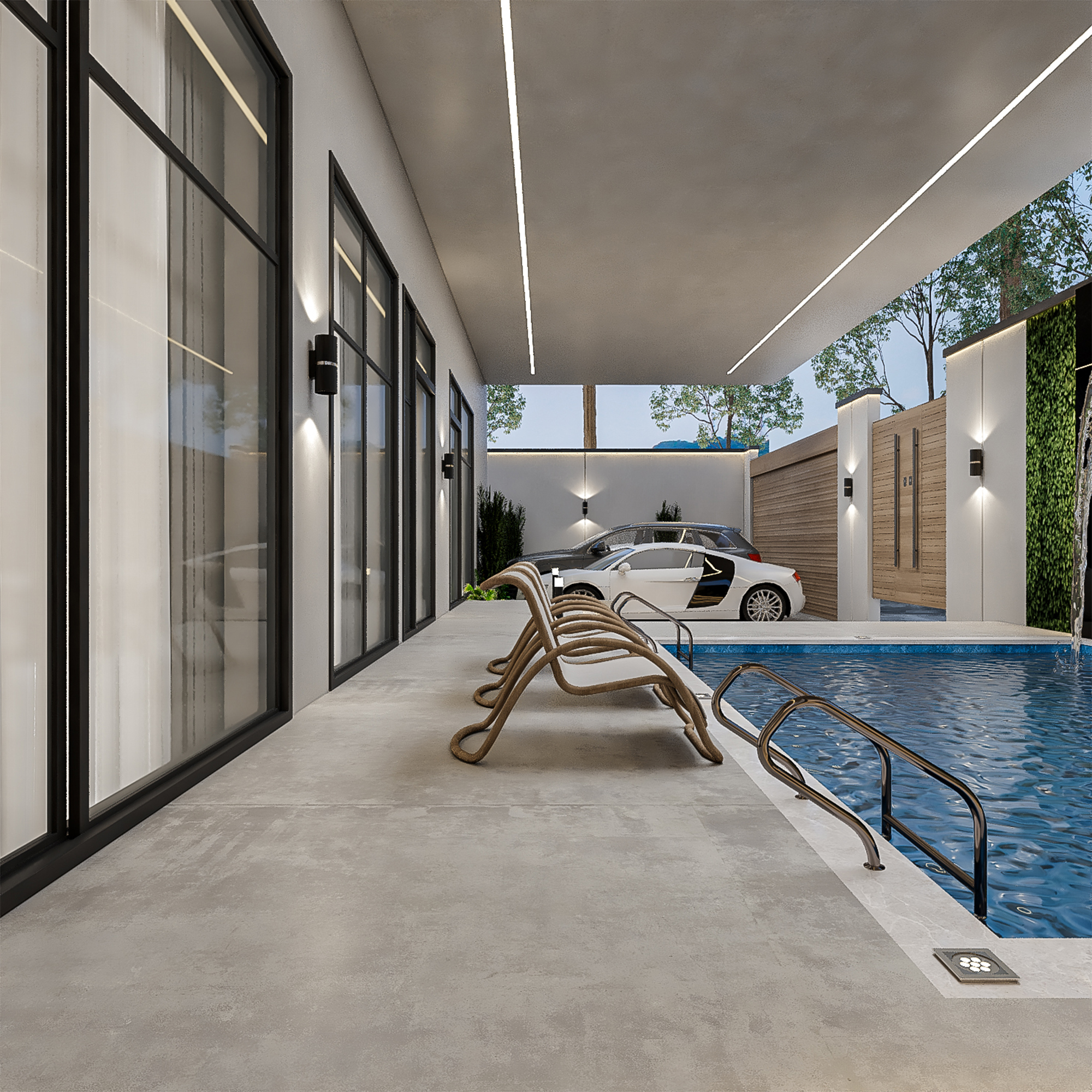 تنسيق لاندسكيب فناء داخلي مع طاولة طعام خارجية ومظلة خشبية - Emaj Group