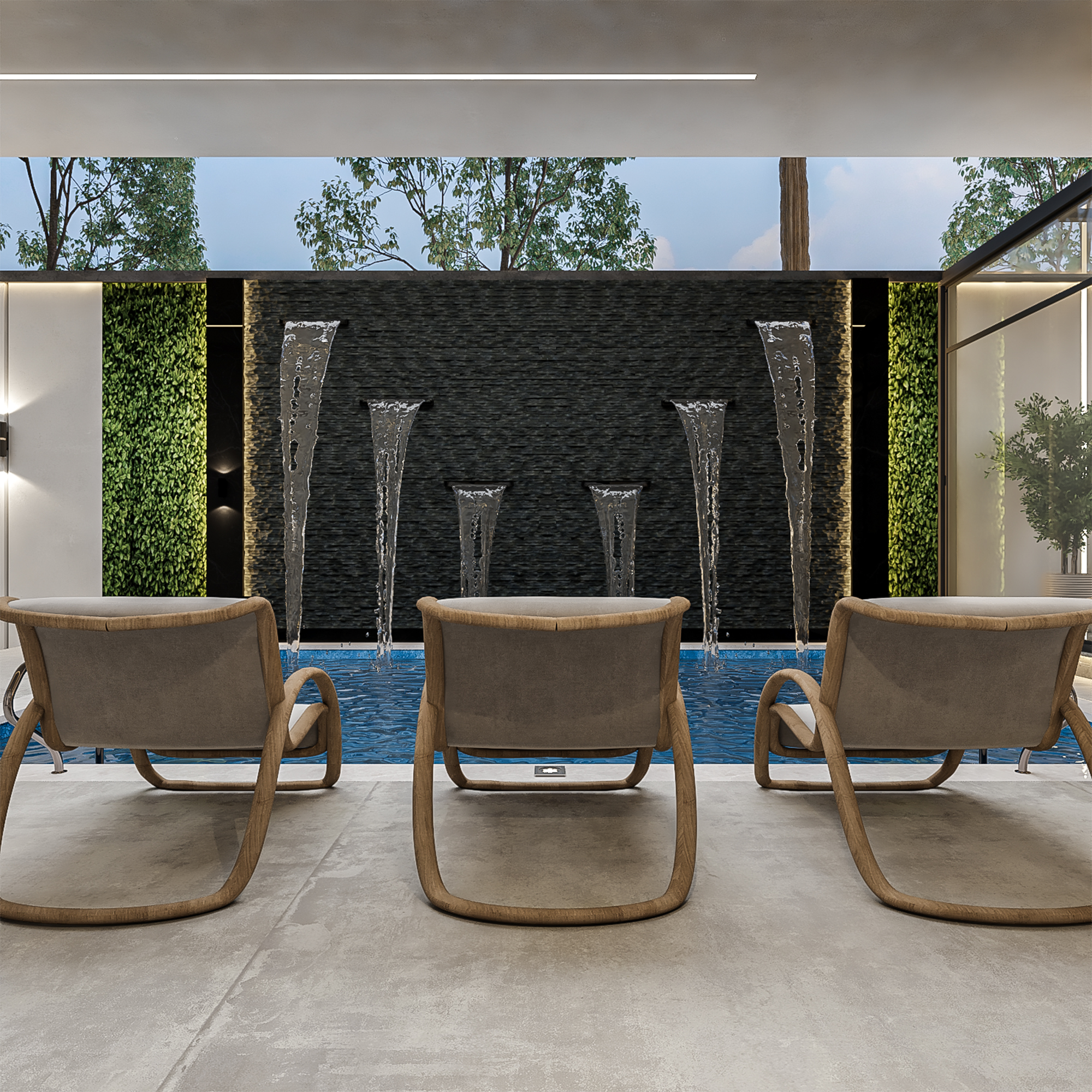 تصميم لاندسكيب خارجي يجمع بين منطقة المسبح ومواقف السيارات الفاخرة